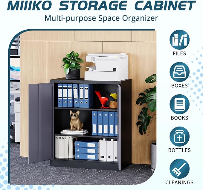 MIIIKO Lockable Storage Cabinet, Small Metal Garage Cabinet with Doors and Shelves, 35.4" Height Base Locker Cabinets 2 Doors