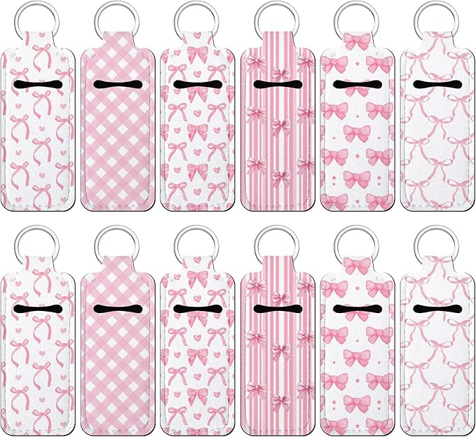 12 Pcs Lipstick Holder Keychain Bulk Cute Pocket Lip Balm Holder Keychain Backpack Purse Accessories for Women Lip Gloss Sleeve Pouch, 6 Style(Pink Bow)