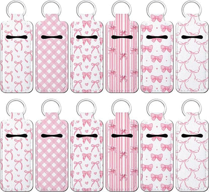 12 Pcs Lipstick Holder Keychain Bulk Cute Pocket Lip Balm Holder Keychain Backpack Purse Accessories for Women Lip Gloss Sleeve Pouch, 6 Style(Pink Bow)