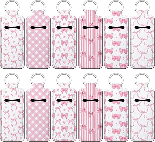 12 Pcs Lipstick Holder Keychain Bulk Cute Pocket Lip Balm Holder Keychain Backpack Purse Accessories for Women Lip Gloss Sleeve Pouch, 6 Style(Pink Bow)