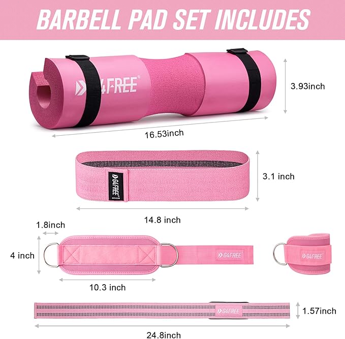 G4Free 9Pcs Barbell Pad Set for Squat, Hip Thrusts, Lunges, Leg day, Standard Olympic Bars with 2 Gym Ankle Safety Straps, 3 Hip Resistance Bands, 2 Lifting Strap, Barbell Pad, and Carry Bag