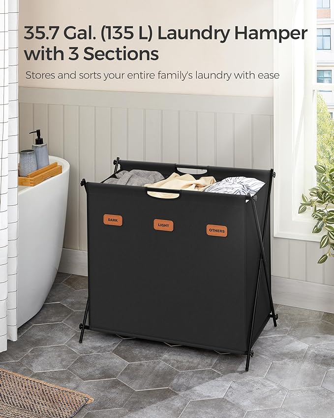 SONGMICS Laundry Hamper, Laundry Basket, 35.7 Gal. Laundry Sorter 3 Sections, Collapsible X-Frame, Clothes Organizer with Customizable Labels, Laundry Room, Bedroom, Bathroom, Ink Black ULCB130B01