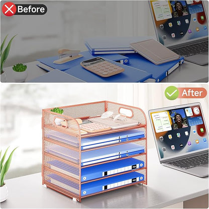 Paper Organizer Letter Tray with Handle Mesh 5 Trays Desk File Organizer Paper Sorter Desk Organizer for Office, Home or School-Rose Gold