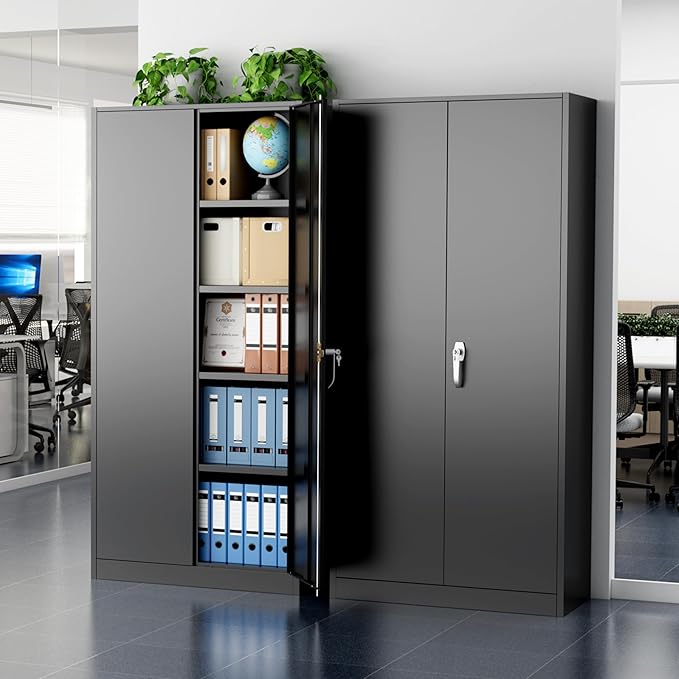 Greenvelly Metal Cabinet, 72" Black Locking Metal Storage Cabinet with 2 Doors and 4 Adjustable Shelves, Lockable Garage Storage Cabinets for Home Office, Garage, Kitchen, Living Room