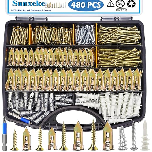 480 PCS Self Drilling Drywall Anchors Kit with Screws - 4 Sheetrock Anchors & 5 Screw Sizes (2025 Upgraded), No Drill Needed, Zinc Plated Steel and Plastic, Heavy Duty Wall Anchors