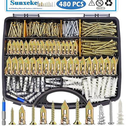 480 PCS Self Drilling Drywall Anchors Kit with Screws - 4 Sheetrock Anchors & 5 Screw Sizes (2025 Upgraded), No Drill Needed, Zinc Plated Steel and Plastic, Heavy Duty Wall Anchors