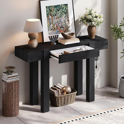 Rustic Minimalist Console Table with Hidden Drawer, Side Power Outlet,Hallway Table for Entryways Living Rooms Home Offices (Black#USB)