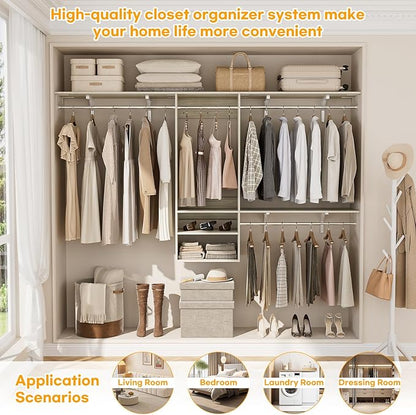Cyclysio 96 Inch Closet System, 8 FT Hanging Closet Organizer System, Walk in Closet System with 4 Adjustable Rods and 3 Shelving Towers for 4-8FT Spaces(Cut-to-Fit), Oak