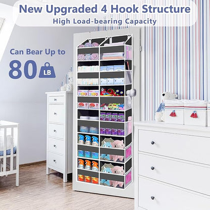 Heavy Duty Over The Door Organizer 6 Tiers, Extra Large Behind Door Storage of 12 Big Front & 12 Mesh Pockets, 80lb Weight Capacity, Hanging Doors Storage Organizer for Closet Bedroom Nursery, Grey