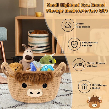 Small Highland Cow Basket Set for Nursery, 2PCS Woven Cotton Rope Storage Cow Basket, Cute Baby Blanket Gift Storage with Soft Ears Handles, Candy Towel Decor Gifts Bin, Pack of 2