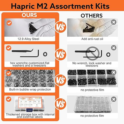 830 Pcs M2 Screws Kit Metric Bolts Kit M2*4mm/6mm/8mm/10mm/12mm/16mm/20mm Machine Screw Kit, 12.9 Alloy Steel Black Zinc Plated Hex Socket Head Screws Nuts Bolts and Washers Set