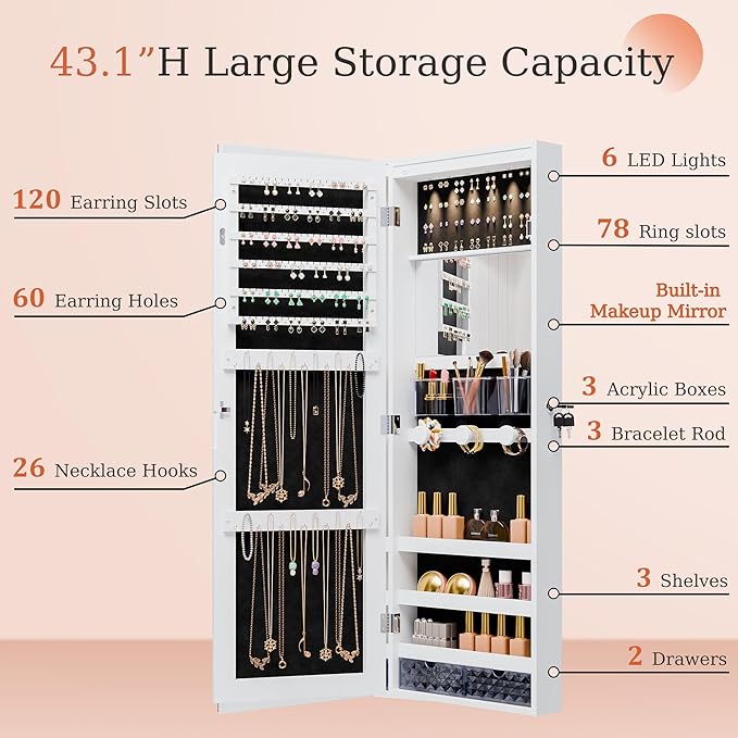 Mirror Jewelry Cabinet,Lockable Wall or Door Mounted Jewelry Armoire Organizer With Built-up Mirror,LED Lights, Drawers,Cosmetic Trays,Shelves, 14.4"x3.15"x 43.1"（White）