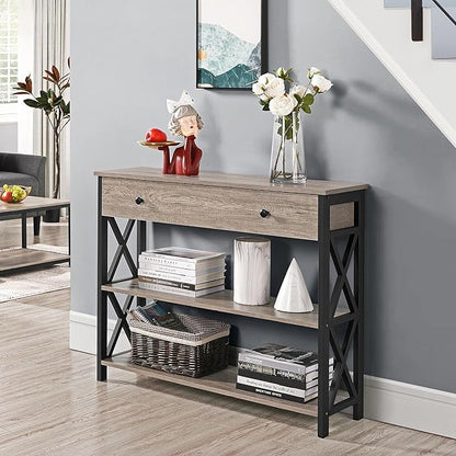 Yaheetech Console Table with Drawer, Entryway Table with 3 Tier Storage Shelves, Narrow Long Sofa Table for Entryway, Living Room, Hallway, Couch, Kitchen, Metal Frame, Gray