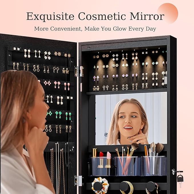 Mirror Jewelry Cabinet,Lockable Wall or Door Mounted Jewelry Armoire Organizer With Built-up Mirror,LED Lights, Drawers,Cosmetic Trays,Shelves, 14.4"x3.15"x 43.1"（Black）
