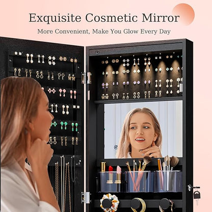 Mirror Jewelry Cabinet,Lockable Wall or Door Mounted Jewelry Armoire Organizer With Built-up Mirror,LED Lights, Drawers,Cosmetic Trays,Shelves, 14.4"x3.15"x 43.1"（Black）