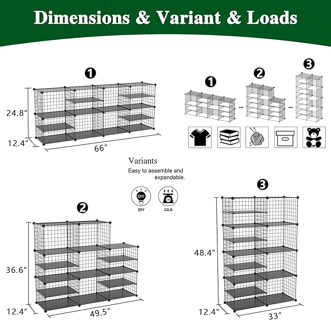 C&AHOME Wire Cube Storage Unit, Interlocking Metal Wire Organizer with Divider Design, Modular Cabinet with Plastic Panels, Bookshelf Stackable Closet Organizer with Small Hooks, Black UWCSIM08B