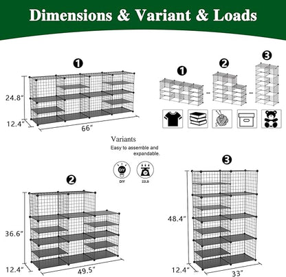 C&AHOME Wire Cube Storage Unit, Interlocking Metal Wire Organizer with Divider Design, Modular Cabinet with Plastic Panels, Bookshelf Stackable Closet Organizer with Small Hooks, Black UWCSIM08B