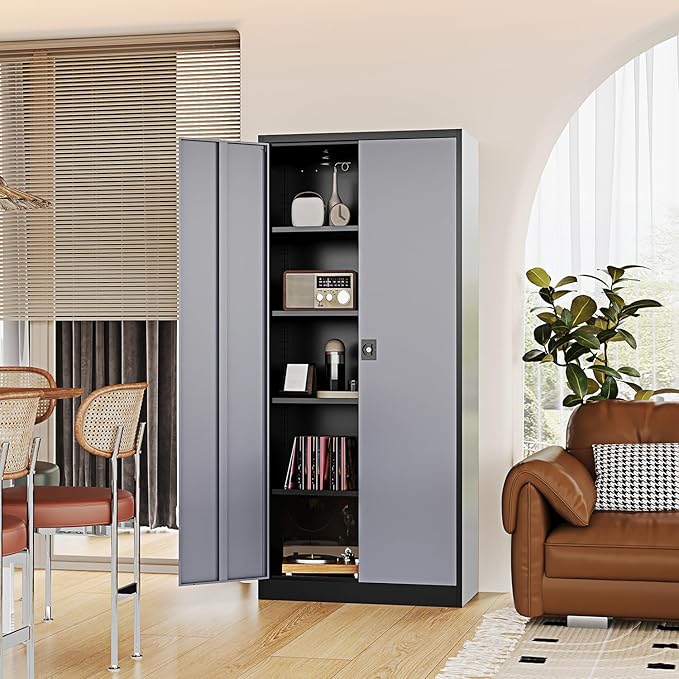 Metal Storage Cabinet-72” Tall Steel File Cabinets with Lockable Doors and Adjustable Shelves-Black&Gray Steel Storage Cabinet for Kitchen, Office, Garage