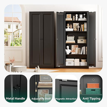 Greenvelly Metal Cabinet, 63" H Black Metal Storage Cabinet with Doors and 4 Shelves, Pantry Storage Cabinet for Kitchen, Bedroom, Living Room, Office (Modern)