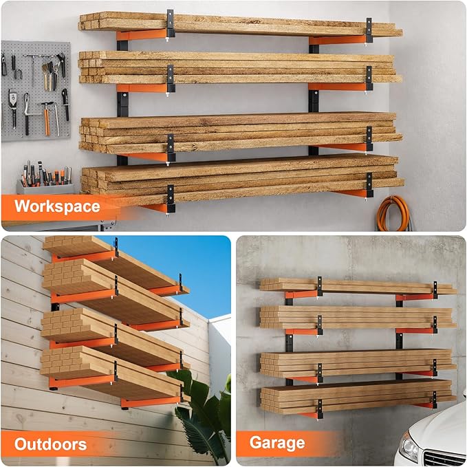 32" Lumber Storage Rack, Upgrade Folding Lumber Rack Wall Mount, Heavy Duty Adjustable Metal 8 Level Wood Storage Rack for Garage Storage Organization, 4 Packs