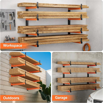 32" Lumber Storage Rack, Upgrade Folding Lumber Rack Wall Mount, Heavy Duty Adjustable Metal 8 Level Wood Storage Rack for Garage Storage Organization, 4 Packs