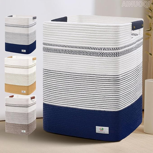 Large Laundry Basket - Tall Woven Rope Laundry Hamper with Leather Handles - Dirty Clothes hamper for Living room, Bedroom, 17" X 13.8" X 22", Dark Blue & White