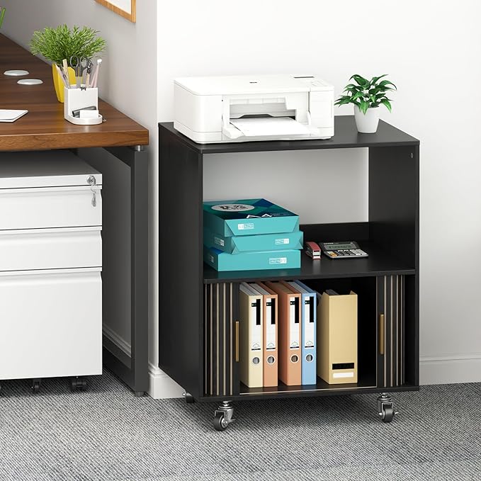 Printer Stand with Storage, File Cabinets with Sliding Doors, Rolling Printer Cart Under Desk with Open Storage Shelf for Home Office, Workspace (Black, 23.62" L)