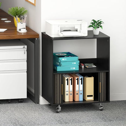 Printer Stand with Storage, File Cabinets with Sliding Doors, Rolling Printer Cart Under Desk with Open Storage Shelf for Home Office, Workspace (Black, 23.62" L)