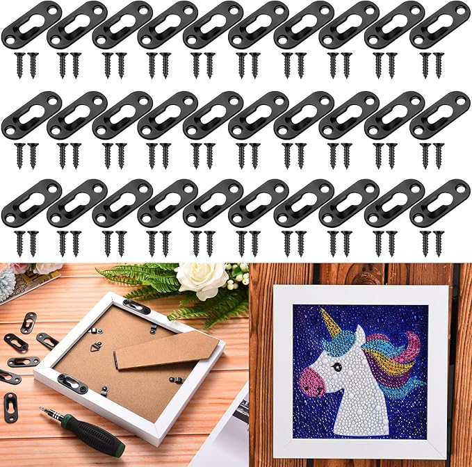 Ripeng 30 Pcs Single Keyhole Hangers Picture Hanger with 60 Pcs Screws Metal Keyhole Hanging Brackets Fasteners for Wall Mirror Picture Frames, 43 x 16 mm(Black)