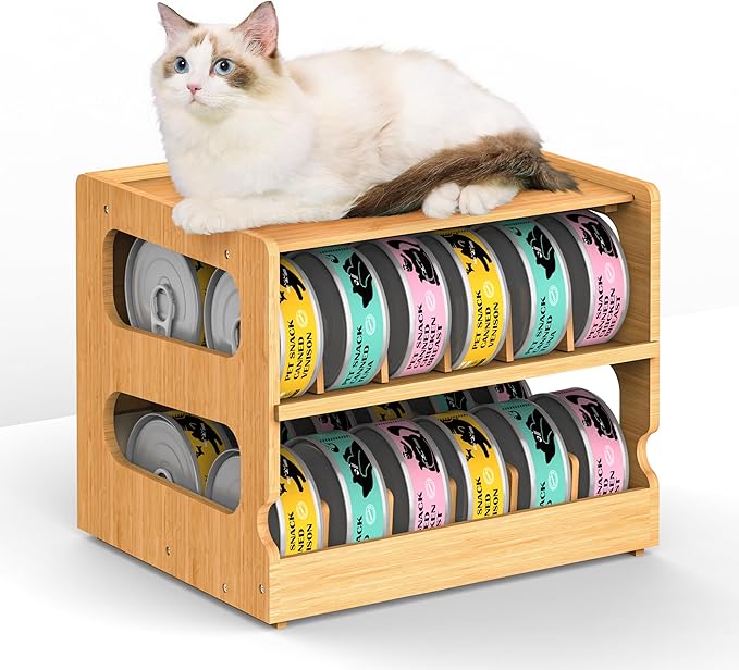 Teamkio Canned Cat Food Organizer, Bamboo Can Organizer for Pantry, 2 Tier Stackable Can Storage Rack Ideal for 36 Cans Wet Cat Food Organizer (FIFO)