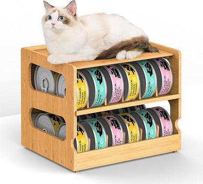 Teamkio Canned Cat Food Organizer, Bamboo Can Organizer for Pantry, 2 Tier Stackable Can Storage Rack Ideal for 36 Cans Wet Cat Food Organizer (FIFO)