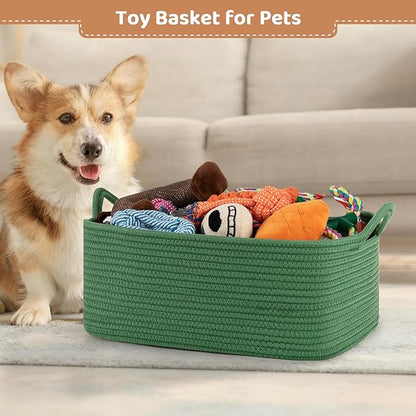 Large Empty Gift Baskets for Baby Shower, 16.5" L x 12.6" W x 7" H Cute Woven Storage Basket with Gift Bags and Ribbons, Small Rope Toy Basket with Handles, Cat Dog Pet Toy Organizer - Green
