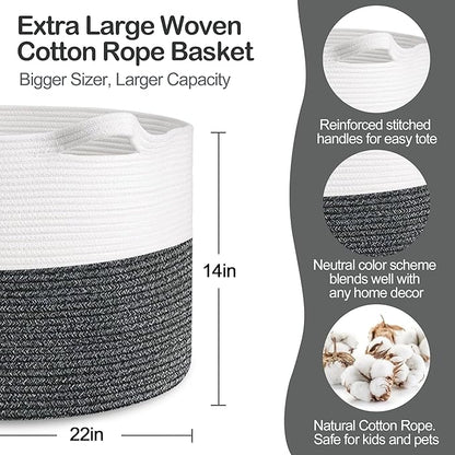 Large Throw Blanket Basket, 22" X 22" X 14" XXXL Blanket Holder for Living Room, Big Wicker Baskets for Storage, Woven Cotton Rope Kids Toy Box, Throw Pillow Holder Organizer Bin