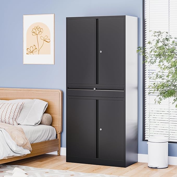 Metal Storage Cabinet with Drawer, Garage Storage Cabinet with Locking Doors and Adjustable Shelves for Garage, Home Office,Warehouse (Black)