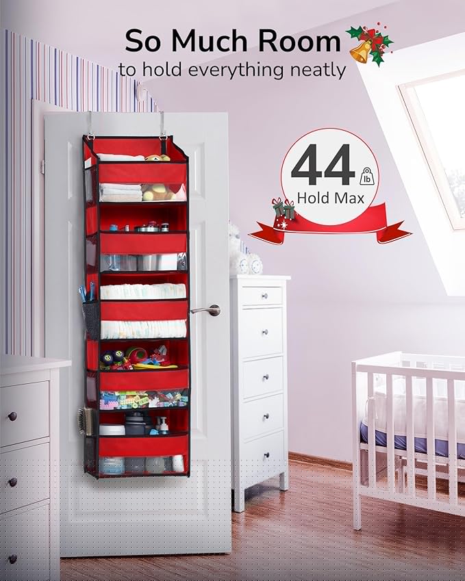ULG 1 Pack Over The Door Organizer – 5 Shelf Door Organizer Hanging & 10 Side Pockets, Reinforced 44LB Capacity Hanging Organizer, Behind The Door Storage for Bedroom, Nursery, Christmas (Red)