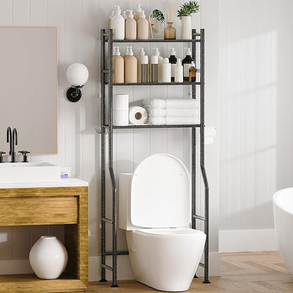 3-Tier Over The Toilet Storage, Space Saver Metal Bathroom Shelves, Freestanding Above Over Toilet Storage Shelf with 4 Hooks for Bathroom, Snow Black