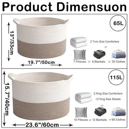 115L Large Blanket Basket,23.6" L x 23.6" W x 15.7" H Rope Woven Baskets with Handles, Toys Storage Bins,Laundry Basket Perfect for Living Room, Nursery,Bedroom,Home Organization,White&Brown