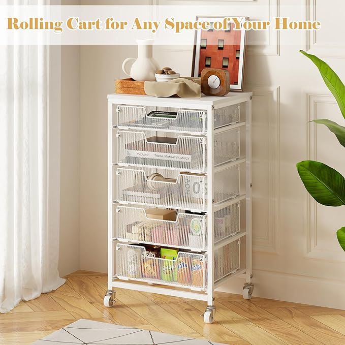 Utility Cart with 5 Drawers, Rolling Storage Cart with Wooden Tabletop and Lockable Wheels, Storage Drawer Cart Craft Cart for Bedroom, Classroom, Home, Office, White