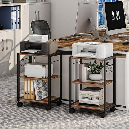 Printer Stand, 3-Tier Under Desk Rolling Cart with Storage Shelf, Heavy Duty Printer Table with Wheels for Home and Office, Printer Shelf with 2 Hooks, Small Spaces, Rustic Brown PTHR4001Z