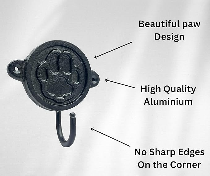 Aluminium Paw Print (1-Pack) Single Wall Hooks, Black Dog Themed Hooks for Hanging Leash, Dog Harness, Wall Mount Hanger, Organization Decorative Wall Hook