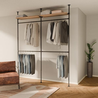 pamo Industrial Pipe Clothing Rack with Shelf - 400 lbs Capacity - Clamping Clothes Rack and Walk In Closet with Oak Shelf for Wardrobe