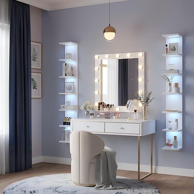 7-Tier Wall Shelf with 10 RGB Lighting Modes, White Wall Mounted Vertical Display Floating Shelf for Home Decor Bedroom Vanity