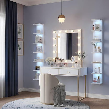 7-Tier Wall Shelf with 10 RGB Lighting Modes, White Wall Mounted Vertical Display Floating Shelf for Home Decor Bedroom Vanity