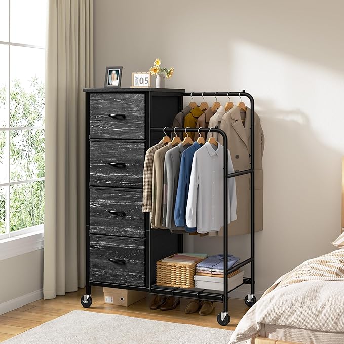 47.3" H Dresser with Hanging Rack, 4 Fabric Drawers with Double Clothes Rack & Wheels, Tall Closet Organizer Dresser for Bedroom, Entryway, Black, 15.8" D x 29.9" W x 47.3" H