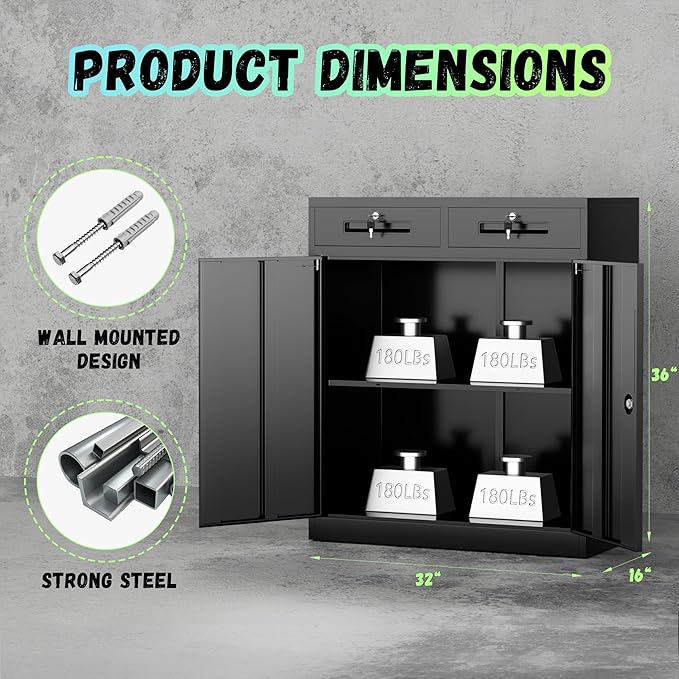 Bonusall Garage Storage Cabinet with 2 Drawers,36" Metal Office Cabinets with Doors and Shelves,Steel Cabinet for Home Office,School,Warehouse(Black)