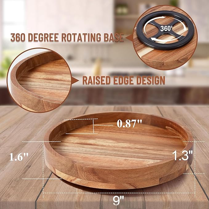 9 Inch Acacia Wood Lazy Susan Organizer for Cabinet, Lazy Susan Turntable for Countertop Table Pantry, Kitchen Turntable Storege