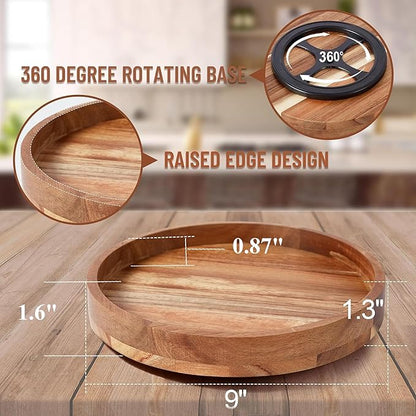 9 Inch Acacia Wood Lazy Susan Organizer for Cabinet, Lazy Susan Turntable for Countertop Table Pantry, Kitchen Turntable Storege