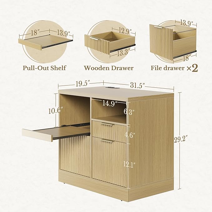 3 Drawer File Cabinet, Fluted Wood Lateral Filing Cabinet with Charging Station for Home Office, Fits for A4/Letter-Sized Files, Printer Stand with Open Storage Shelves, Light Walnut