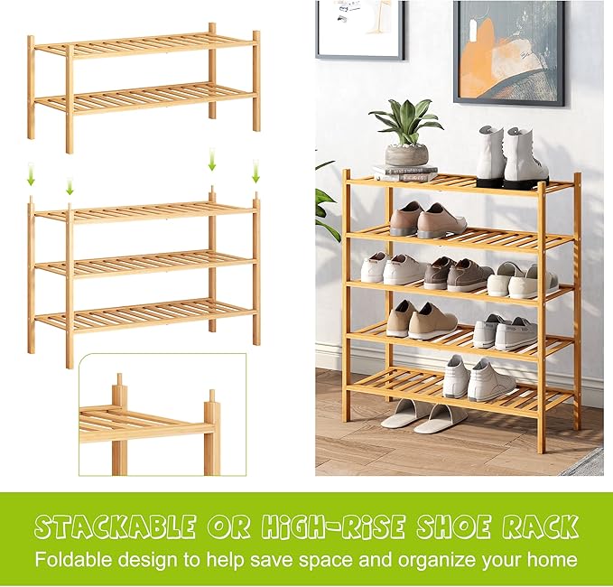 BMOSU 5-Tier Bamboo Shoe Rack Premium Stackable Shoe Shelf Storage Organizer for Hallway Closet Living Room Entryway Organizer (Natural Bamboo)