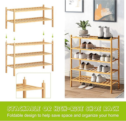 BMOSU 5-Tier Bamboo Shoe Rack Premium Stackable Shoe Shelf Storage Organizer for Hallway Closet Living Room Entryway Organizer (Natural Bamboo)